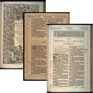 May include: A vintage, black and white image of a page from a book of the New Testament. The page features the text "The Gospel According to S. Matthew" and the first chapter of the Gospel of Matthew. The text is in Old English.