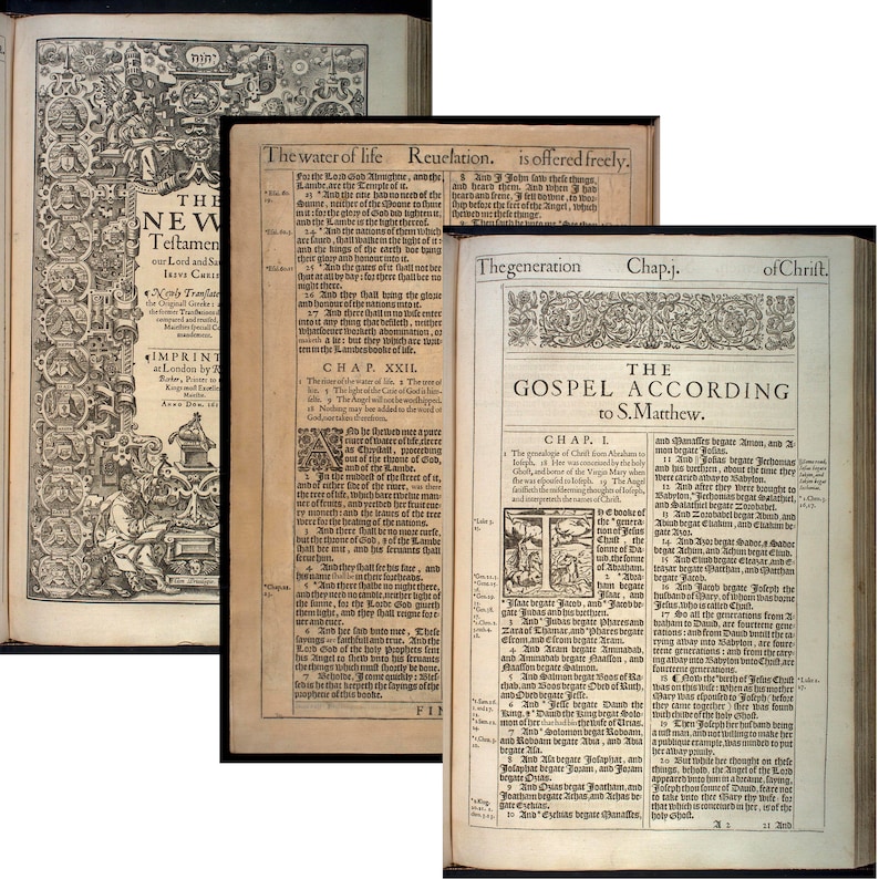 May include: A vintage, black and white image of a page from a book of the New Testament. The page features the text "The Gospel According to S. Matthew" and the first chapter of the Gospel of Matthew. The text is in Old English.