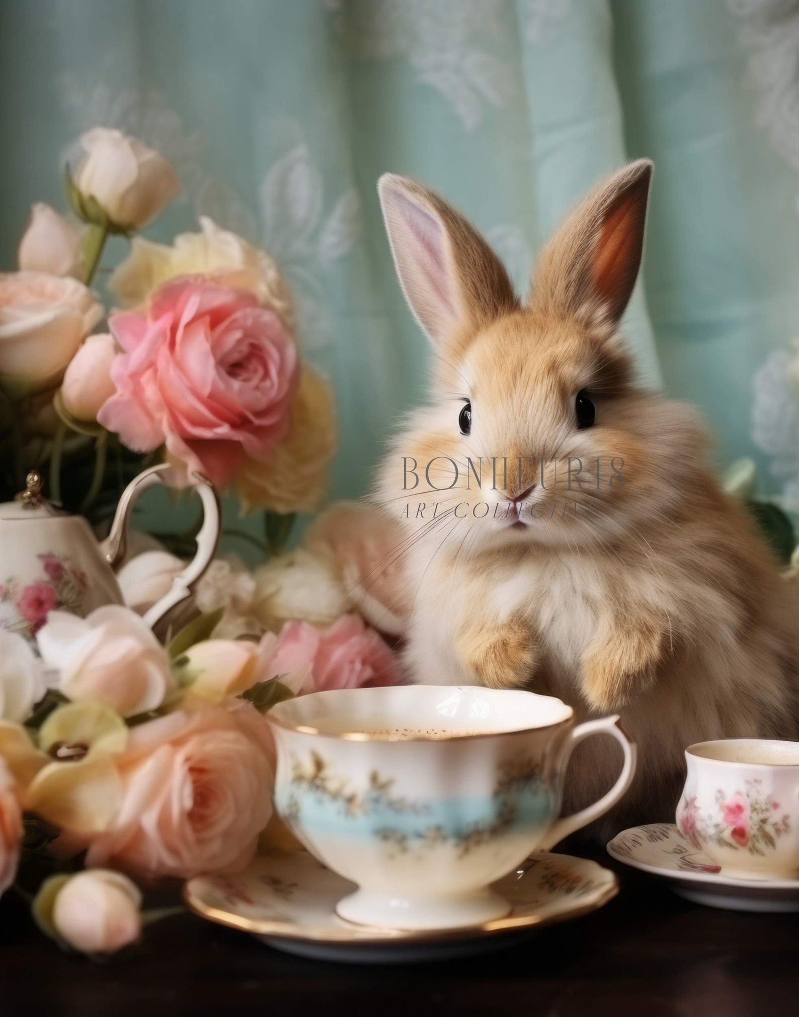 Easter Bunny Baby Rabbit in Tea Cup Farmhouse Peter Rabbit Roses Wall