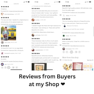 May include: Reviews from buyers at an Etsy shop. The image shows a collage of positive reviews with five stars and comments about the quality of the products. The reviews are for digital products such as printable art, templates, and digital papers.