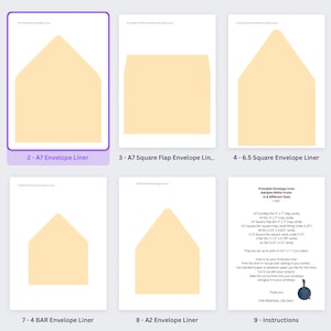 May include: Printable envelope liners in 9 different sizes, including A7, A6, and 6.5 square. The liners are cream colored and have a pointed flap.