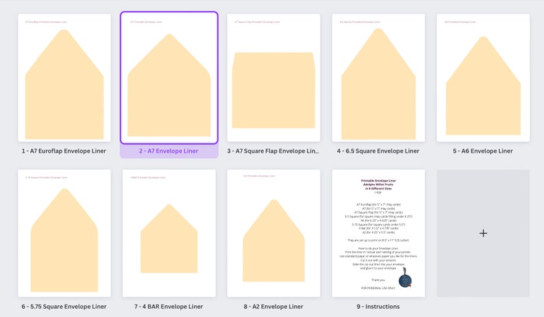 May include: Printable envelope liners in 9 different sizes, including A7, A6, and 6.5 square. The liners are cream colored and have a pointed flap.