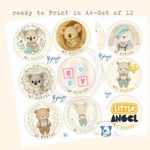 Baby Milestone Stickers: Watercolor Animals, Monthly Photo Props (JPG, PDF Downloadable Files)