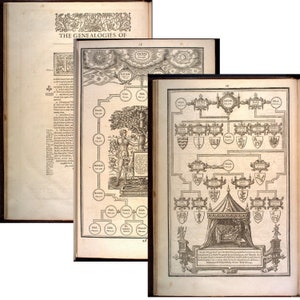 May include: A black and white illustration of a genealogical chart showing the lineage of Jacob, the son of Isaac. The chart includes the names of Jacob's sons and their descendants, as well as the names of their wives and children. The chart is surrounded by a decorative border.