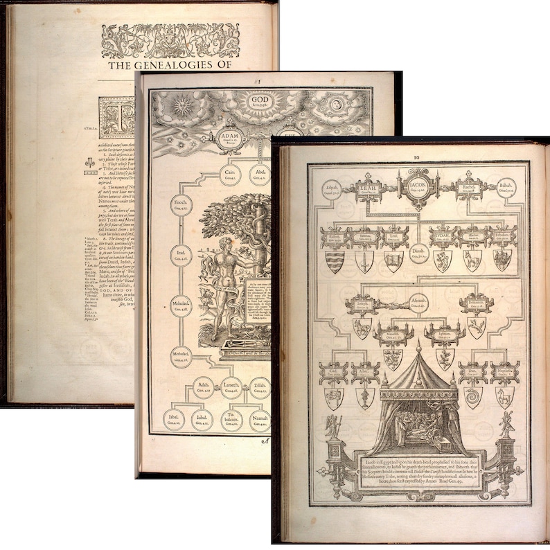 May include: A black and white illustration of a genealogical chart showing the lineage of Jacob, the son of Isaac. The chart includes the names of Jacob's sons and their descendants, as well as the names of their wives and children. The chart is surrounded by a decorative border.