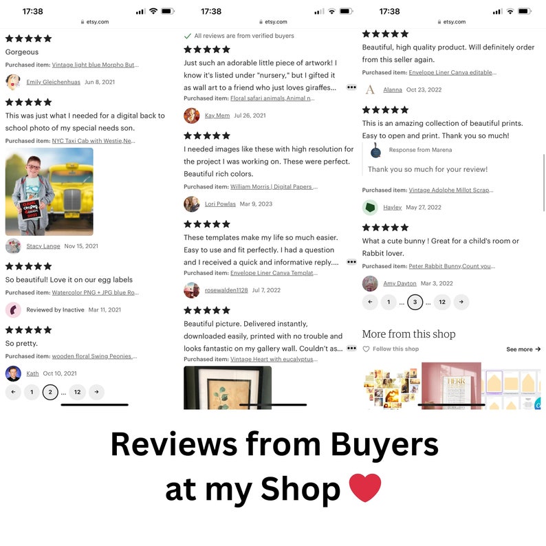 May include: A collage of positive customer reviews for an Etsy shop. The reviews highlight the quality of the products and the excellent customer service. The text "Reviews from Buyers at my Shop" is displayed in a large font with a red heart emoji.