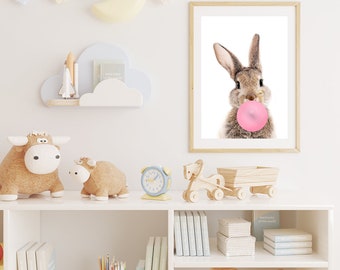 Bunny Rabbit Print Set - 2 Bunny back tail Poster Prints Nursery Wall Art Baby Animals Bubble Gum Download Printable Bunnies Easter Happy