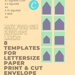 May include: A printable template sheet with eight different envelope liner designs. The sheet includes instructions to make your own envelope liners for letter-size paper. The text "MAKE YOUR OWN ENVELOPE LINERS" is in bold, brown text. The text "8 TEMPLATES FOR LETTERSIZE PAPER PRINT & CUT ENVELOPE LINERS" is in black text. The text "BONHEUR18" is in brown text. The sheet includes a graphic of eight different envelope liner designs.