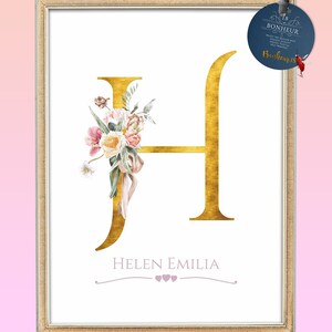Impresión de nombre personalizada, nombre personalizado A-Z, arte de pared con rosa dorada, decoración de dormitorio de niñas, dormitorio de niñas, impresión inicial floral, termoadhesivo, letra H, PNG, JPG