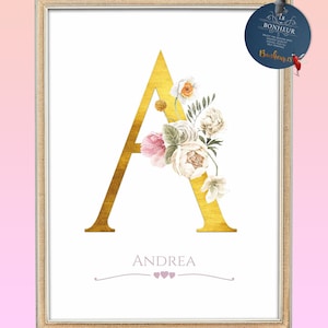 Impresión de nombre de guardería, nombre personalizado A-Z, arte de pared de rosa dorada, decoración de dormitorio de niñas, B C D E F G H I, impresión inicial floral, hierro en, letra S, PNG, JPG