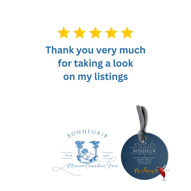 May include: A blue and white round sticker with the text "Bonheur 18" and the words "Enjoy the season with highest quality digital files for self printing". The sticker has a ladybug with gold wings on the bottom right corner.