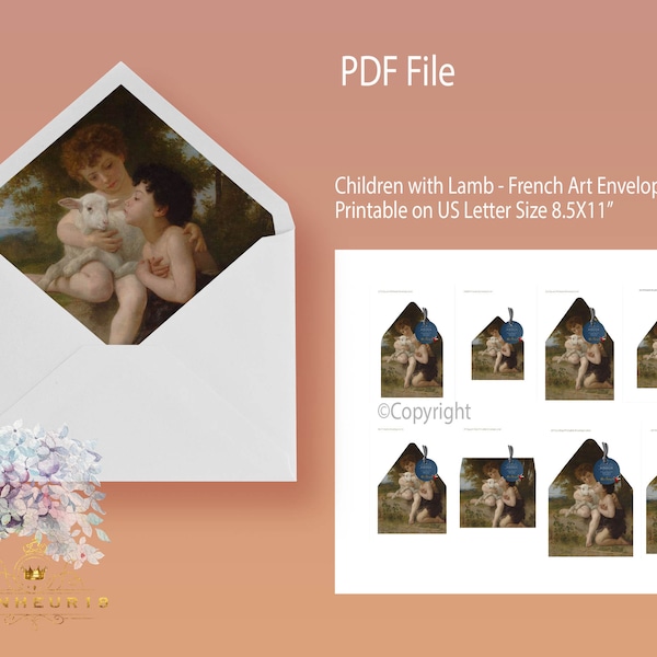 Antique French Art Envelope Liner Children with Lamb Bouguereau A7 Instant Printable Digital Download,Template,PDF, envelope liner,Wedding