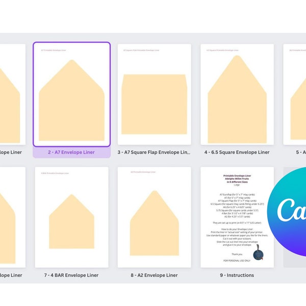 Envelope Template Canva editable Liner 8 Sizes A7,A7 Euroflap,A7 Square Flap,A6, 4 BAR,A2,make your own Envelope Liners! Bestseller Wedding