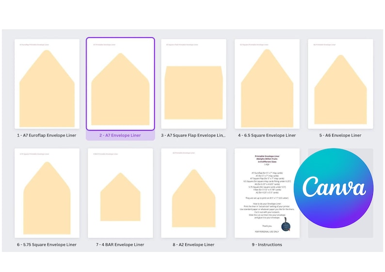 May include: Nine printable envelope liner templates in various sizes, including A7, A6, and 5.75 square inches. The templates are in a light beige color and are displayed on a white background. The templates are labeled with numbers and the corresponding envelope size.