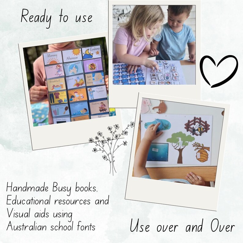 May include: Two children are using a colourful educational busy book with pictures and words. The book is designed to help children learn about daily routines and activities. The book is made with Australian school fonts.