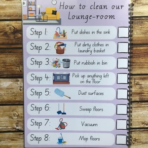 May include: A printable checklist with illustrations for cleaning a lounge room. The checklist includes eight steps: put dishes in the sink, put dirty clothes in the laundry basket, put rubbish in the bin, pick up anything left on the floor, dust surfaces, sweep floors, vacuum, and mop floors.