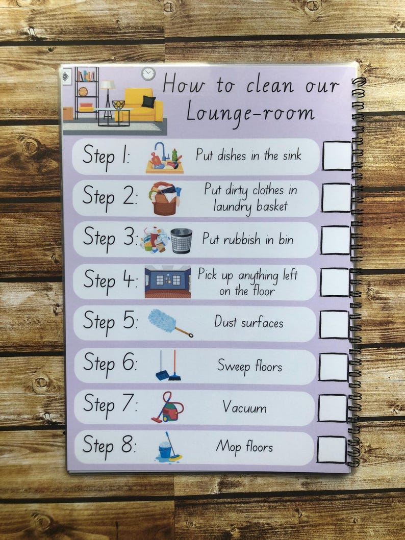 May include: A printable checklist with illustrations for cleaning a lounge room. The checklist includes eight steps: put dishes in the sink, put dirty clothes in the laundry basket, put rubbish in the bin, pick up anything left on the floor, dust surfaces, sweep floors, vacuum, and mop floors.