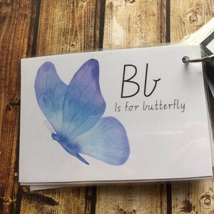 May include: An illustration of a blue butterfly on a white card with the letter "B" and the text "B is for butterfly".