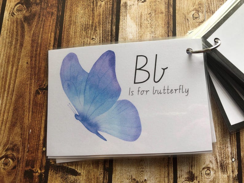 May include: An illustration of a blue butterfly on a white card with the letter "B" and the text "B is for butterfly".