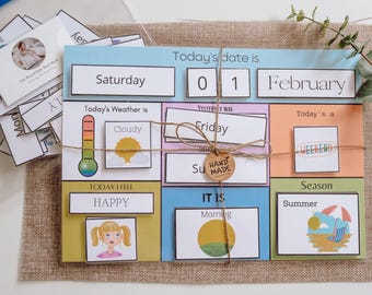 Calendario perpetuo imprimible para niños: días, meses, clima, estaciones, rutina matutina para preescolar, descarga digital para educación en casa.