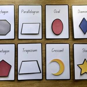 May include: Eight flashcards with different shapes and names. The shapes are an octagon, parallelogram, oval, diamond, pentagon, trapezium, crescent, and star. Each shape is a different color.