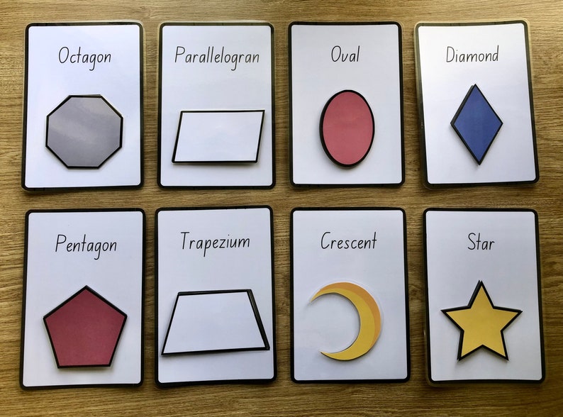 May include: Eight flashcards with different shapes and names. The shapes are an octagon, parallelogram, oval, diamond, pentagon, trapezium, crescent, and star. Each shape is a different color.