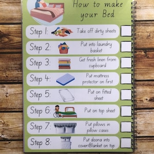 May include: A green and white checklist with illustrations showing how to make a bed. The checklist includes eight steps: take off dirty sheets, put into laundry basket, get fresh linen from cupboard, put mattress protector on first, put on fitted sheet, put on top sheet, put pillows in pillow cases, and put doona into cover/blanket on top.