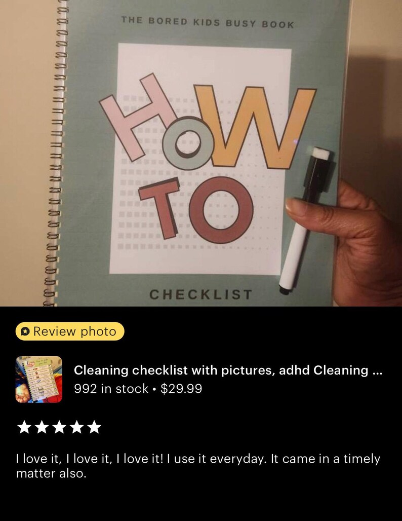 May include: A green spiral bound book with the title "The Bored Kids Busy Book" and the words "How To Checklist" in colorful letters. A white dry-erase marker is held in a hand.