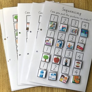 May include: A white sheet of paper with the words "Sequencing" and "Can you put the pictures in order?" printed on it. There are four columns of squares with numbers 1 through 4 printed in each column. Each square contains a different picture. The pictures are of a person taking a bath, a person putting on shoes, a person washing dishes, a person sleeping, a tree, an apple, a person wearing a hat, an apple, a bottle of water, a glass of water, and a person wearing a mask.