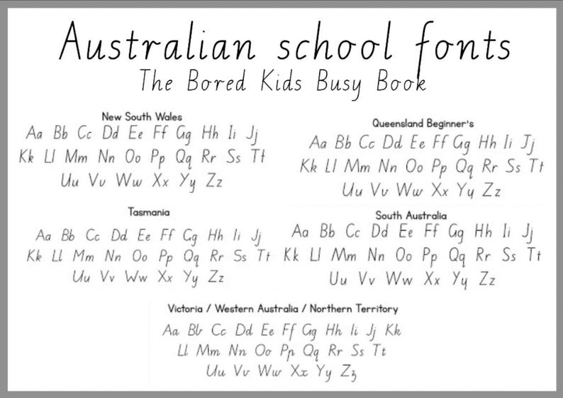 May include: A black and white image showing different handwriting styles for the alphabet, labelled with the names of Australian states and territories. The title reads "Australian school fonts The Bored Kids Busy Book".