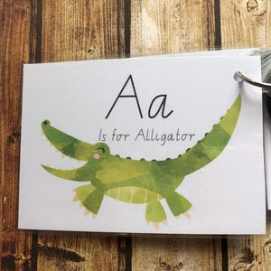 May include: A white card with the letter 'A' in black and the words 'Aa is for Alligator' in black. A green alligator with white teeth is illustrated on the card.