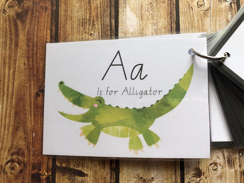 May include: A white card with the letter 'A' in black and the words 'Aa is for Alligator' in black. A green alligator with white teeth is illustrated on the card.