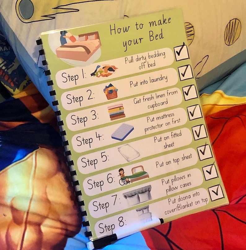 May include: A green and white checklist with the title "How to make your Bed" and eight steps for making a bed, with illustrations and checkmarks next to each step.