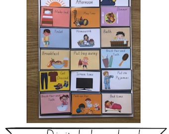 May include: A colorful visual schedule for kids with images and text for daily routines. The schedule includes activities like getting dressed, brushing teeth, playing, and bedtime. The schedule is divided into three sections: morning, afternoon, and evening.