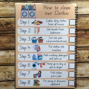 May include: A colorful checklist with illustrations of laundry items and a washing machine. The checklist outlines eight steps for cleaning clothes, including gathering dirty clothes, sorting them, washing, drying, folding, and putting them away.