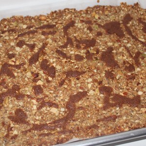 May include: A close-up of a baked granola bar with a brown chocolate swirl topping. The bar is in a baking pan lined with parchment paper.