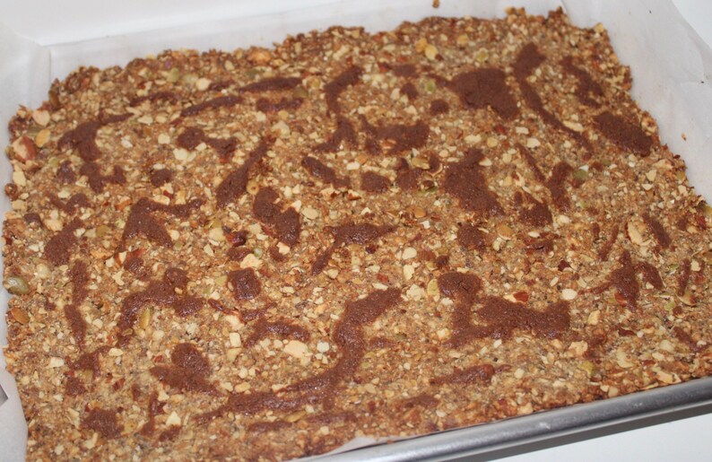 May include: A close-up of a baked granola bar with a brown chocolate swirl topping. The bar is in a baking pan lined with parchment paper.