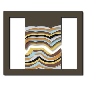 Może przedstawiać: Abstrakcyjna grafika z warstwowymi, falistymi liniami w odcieniach brązu, żółci, błękitu i czerni. Praca jest oprawiona w ciemnobrązową ramę z dwiema białymi przestrzeniami. Nowoczesny, geometryczny design.