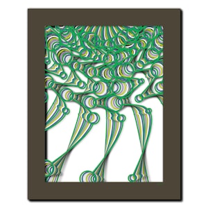 Może przedstawiać: Abstrakcyjny wydruk artystyczny w brązowej ramie. Grafika przedstawia warstwowy wzór z zielonymi, białymi i fioletowymi okrągłymi i liniowymi kształtami. Kształty tworzą trójwymiarowy efekt na białym tle.