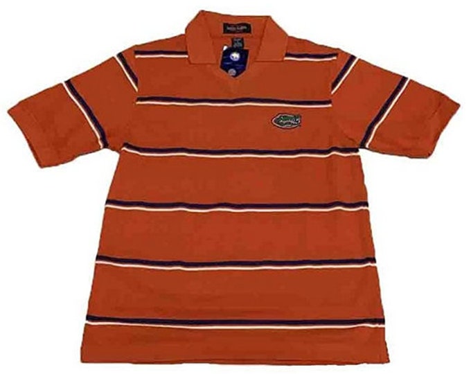 Florida Gators Ladies Orange V Neck Polo with Blue and White Stripes