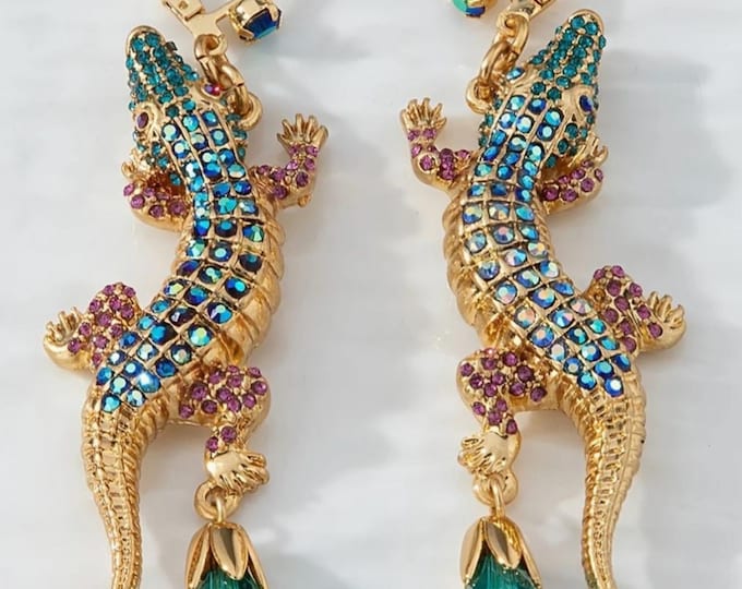 Hand Crafted Retro Style Alligator Earrings with Rhinestones