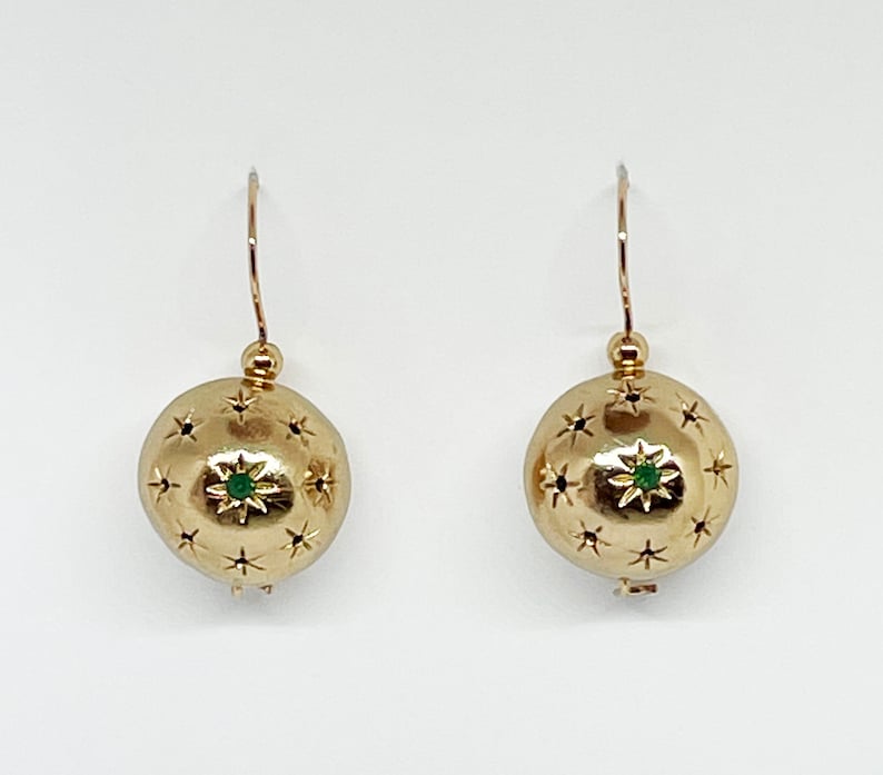 Handmade Gold Small Earring Art Deco style Emerald