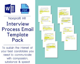 May include: A blue and white document with the text "Nonprofit HR Interview Process Email Template Pack" and the text "To sustain the interest of your best candidates you need to communicate with compassion, substance & speed."  The document is surrounded by eight smaller documents with text.