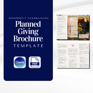 Puede incluir: Una plantilla de folleto azul y blanco para la recaudación de fondos sin fines de lucro con el título "Plantilla de folleto de donaciones planificadas". El folleto incluye información sobre las donaciones planificadas, como qué es, cómo puede marcar la diferencia y cómo empezar. El folleto también incluye una llamada a la acción para ponerse en contacto con la organización para obtener más información.