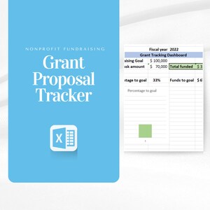 May include: A blue and white spreadsheet with the title "Grant Proposal Tracker" and a green bar chart showing progress towards a goal. The spreadsheet includes the text "Fiscal year 2022", "Grant Tracking Dashboard", "Raising Goal", "Total Funded", "Funds to Goal", and "Percentage to Goal".