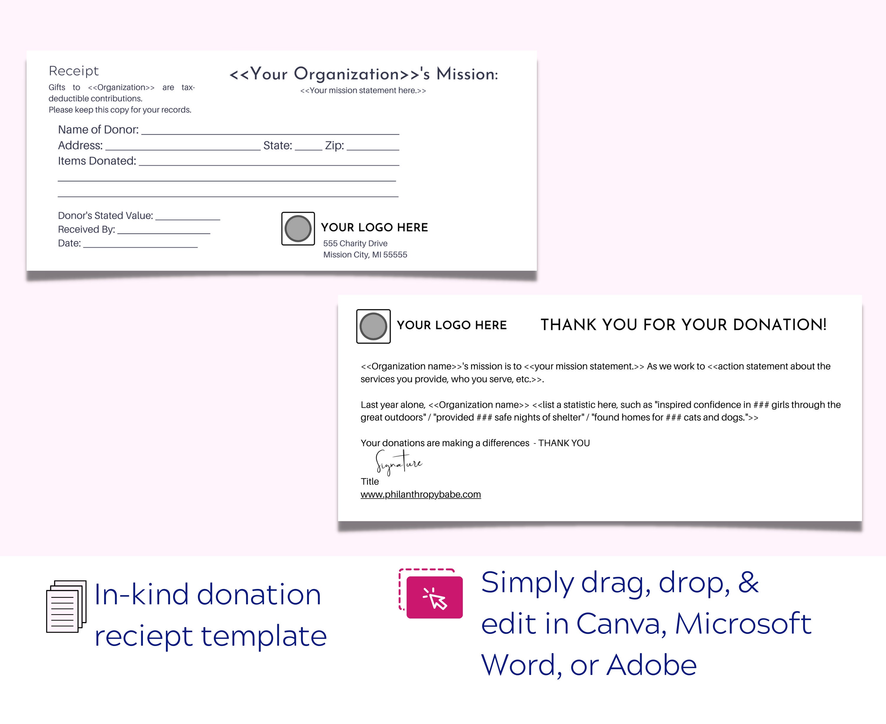 Inkind Donation Receipt Editable and Customizable in Adobe, Canva, or Word Etsy