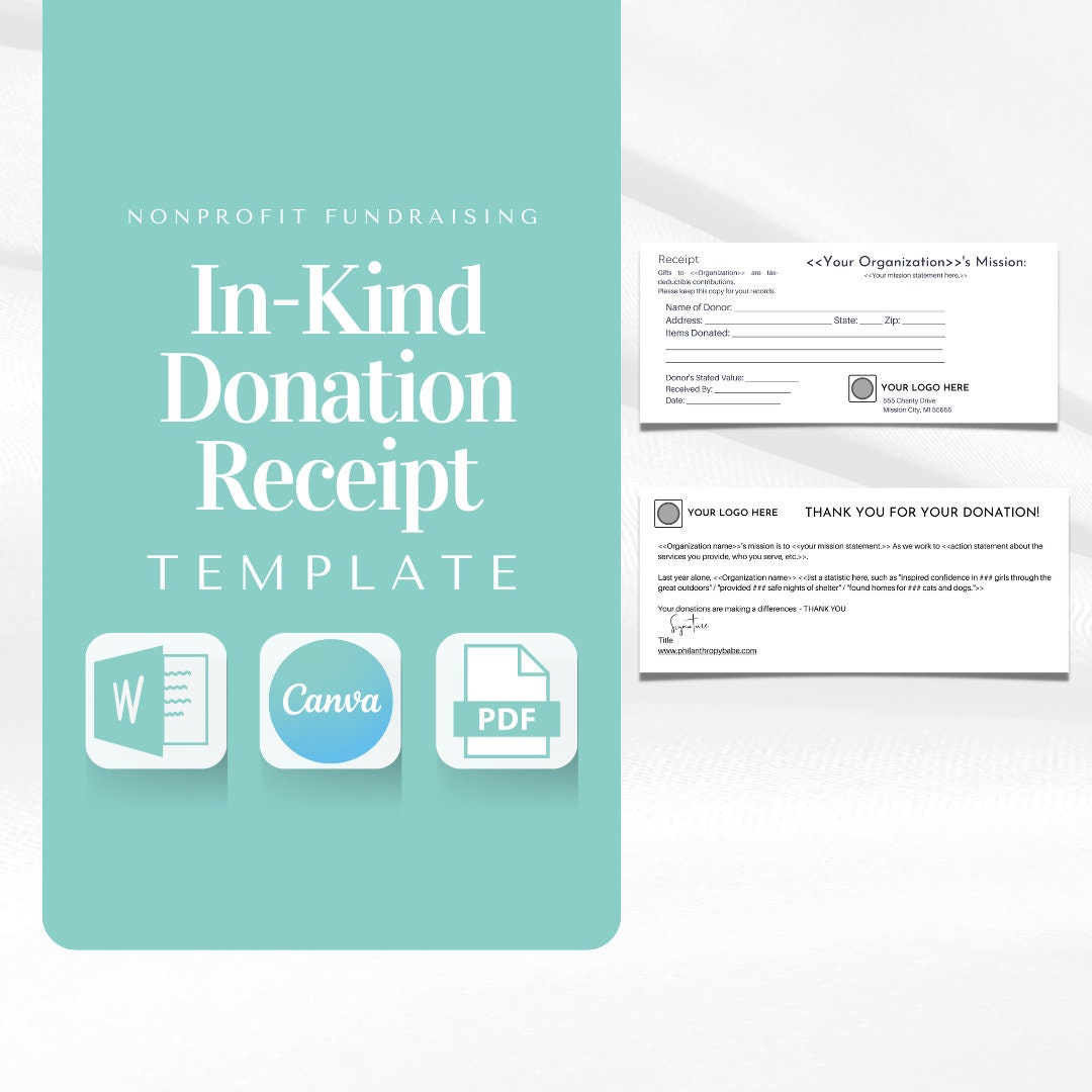 Inkind Donation Receipt Editable and Customizable in Adobe, Canva, or