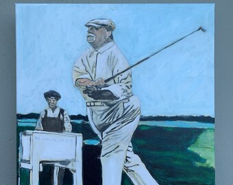 Teddy Playing Golf, Acrylic Painting, Original, 16 x 20 inches