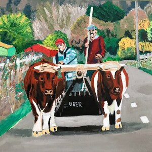 高速輸送、荷車を引く雄牛、アクリル画、風景画、アールデコ、現代アート