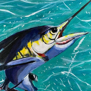 May include: An acrylic painting of a marlin fish leaping out of turquoise water. The fish is primarily blue, with yellow and white accents. The background features white brushstrokes suggesting waves.